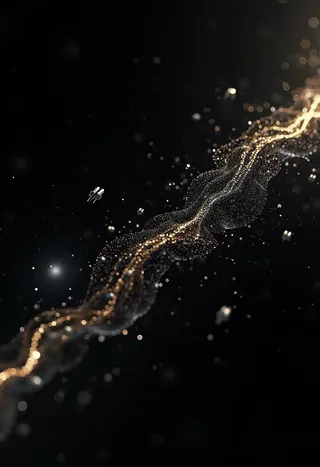 A black background with a glowing stream of tiny gold and white particles forming a flowing trigonometric wave, accompanied by small icons of microscopic spacecraft representing quantum jumps and interweaving universes.