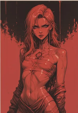 A sensual red-haired woman in erotic comic art style, wrapped in red cloth, with fluid oil dripping effects on skin and hair, staring intensely.
