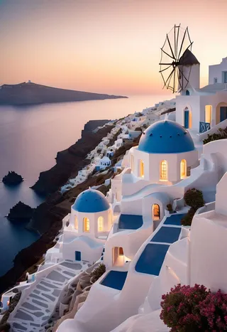 Santorini island cliffside village at sunset featuring iconic blue-domed buildings and a traditional windmill overlooking the calm sea