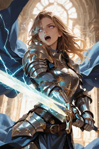 A female knight with long flowing blonde hair and glowing purple eyes, clad in highly detailed silver plate armor, wielding a glowing magical sword emitting electricity, with a blue cape flowing behind her in a grand cathedral setting.