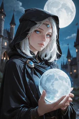 A white-haired woman with blue eyes and freckles wearing a black hooded cloak holds a glowing moon orb at night with a castle in the background.