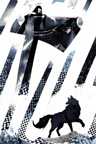 Artwork depicting a faceless girl with long black hair and a black robe leaning over a giant piano with checkered patterns on the floor, accompanied by a black wolf beneath a cloudy sky with a halo effect.