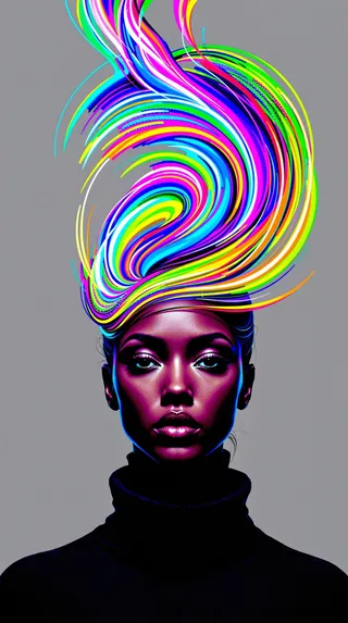 Close-up digital female portrait with a black turtleneck and colorful neon streaks swirling from her head against a plain dark background.