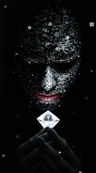 A glitched digital portrait of a dark pixel-sorted face with white features and red lips holding a shining white diamond.