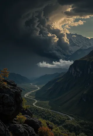 A breathtaking landscape of the Himalaya mountain range with towering rocky cliffs, a winding road through a lush green valley, and imposing dark storm clouds illuminated by golden light.