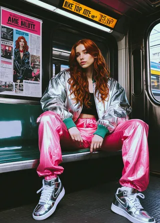 Young redhead woman with wavy long hair wearing a shiny silver bomber jacket, pink loose pants, and metallic Nike sneakers, sitting in a subway car.