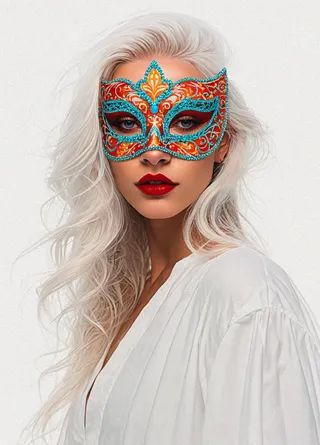 Portrait of a woman with flowing white hair, pale skin, red lips, and an ornate red and turquoise masquerade mask, wearing a white robe.