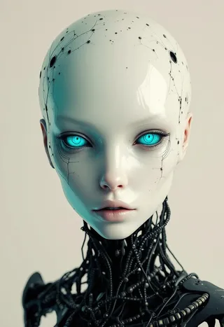 Close-up of a combat biorobot with a smooth porcelain-like face, vivid turquoise eyes, and a complex cybernetic neck structure, set against a neutral background.