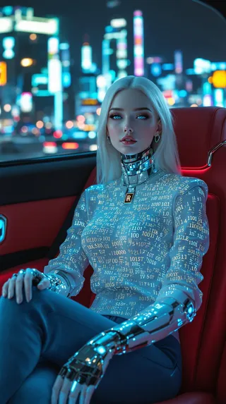 Cyborg woman with digital codes on her torso and a robotic arm sits in a car against a blurred futuristic city with neon lights at night.