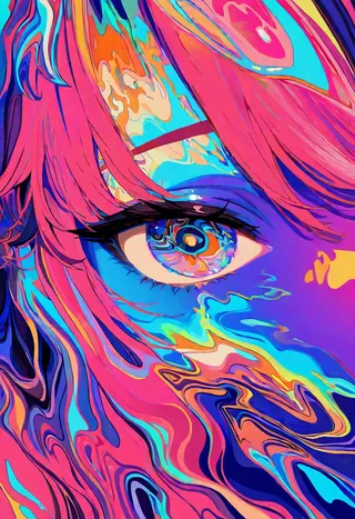 Close-up of an abstract eye surrounded by vivid neon colors, fractal and psychedelic patterns in a flat design style with iridescent and triadic color schemes.