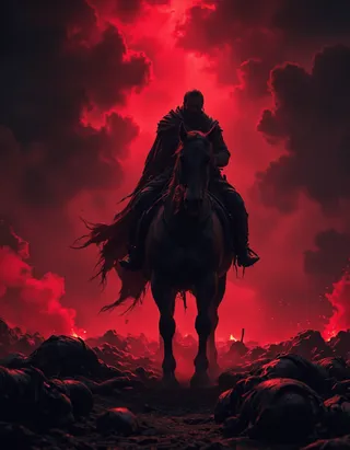 Silhouetted mysterious warrior on horseback against a deep crimson-red sky, surrounded by fallen bodies on a dark, apocalyptic battlefield with dramatic atmospheric haze.