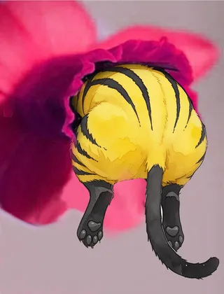 Rear view of a chubby yellow cat with black stripes and short paws, tail down, depicted in watercolor style on a simple white and pink background