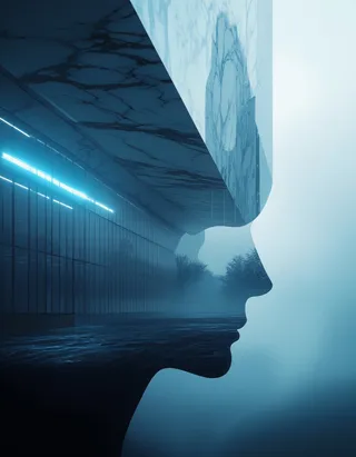 Double exposure composition showing a futuristic cityscape with sleek Bauhaus-inspired architecture fused with Carrara marble texture, illuminated by neon blue glows and wrapped in ethereal mist.