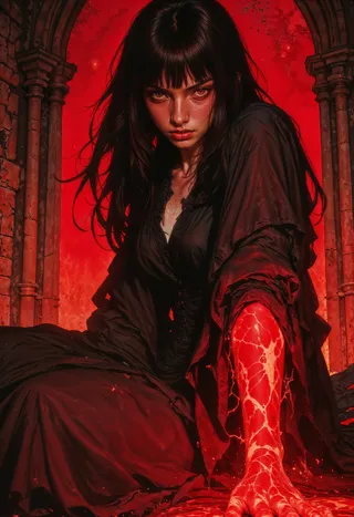 A young woman with long black hair in a flowing dark dress sits in a gothic stone arch background illuminated by intense red lighting. Her right arm glows with a network of glowing red veins, and her expression is intense with glowing red eyes.