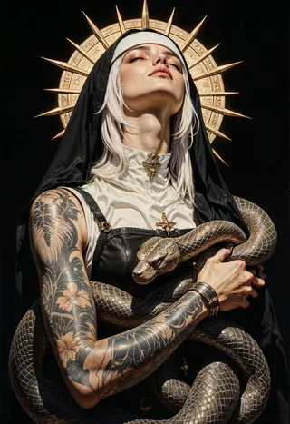 A pale, tattooed young woman wearing a nun's habit and golden spiked halo, holding a large coiled snake against a black background