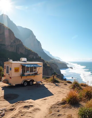 A modest food truck parked at a scenic California coastal park with rugged cliffs overlooking the Pacific Ocean under a clear blue sky.