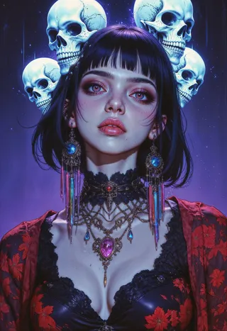 A digital portrait of a woman with ethereal pale skin and dark hair surrounded by glowing skulls, wearing intricate jewelry and a red patterned top against a deep blue to purple background.