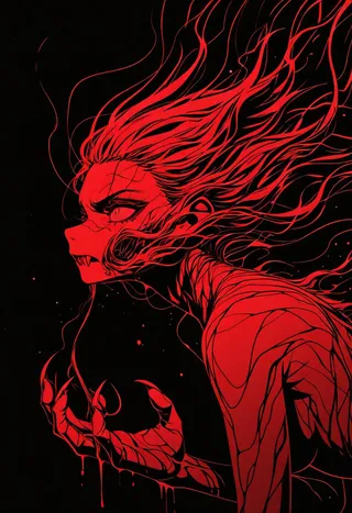 A red monochrome illustration of a fierce girl with flowing hair, sharp claws dripping with liquid, set against a black inverted background with neon streaks.