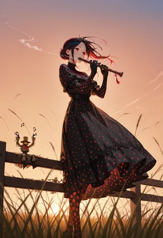 A girl in a red-and-black polka dot dress stands on a woven fence playing a carved wooden flute with ladybugs forming musical notes in the air at sunset.