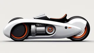 Highly detailed futuristic motorcycle with a sleek white aerodynamic body accented with orange, featuring a visible motor, digital dashboard, and smooth circular wheels on a light gray background.