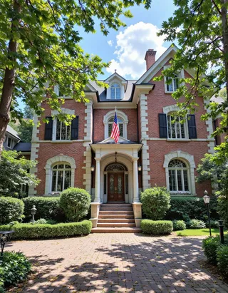 Traditional Georgian-style American home with red brick facade, white columns, arched entryway, symmetrical windows, manicured yard, and prominent American flag.