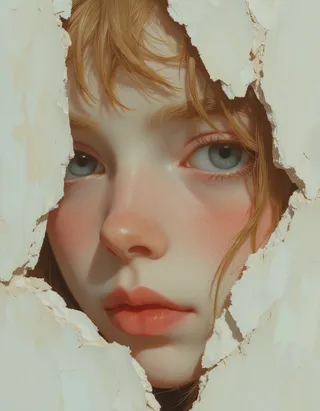 Close-up portrait of a young girl with large blue eyes and blond hair seen through torn translucent paper, with soft natural lighting and detailed skin texture.
