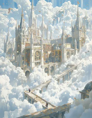 An anime-style grand library with Baroque and Gothic architecture floating on thick clouds, with light-books flying around, and a scholar on a stone bridge.