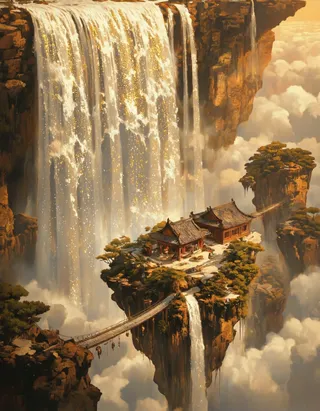 A floating ancient temple complex on levitating rocks connected by glowing vine suspension bridges, with a magical upward waterfall shimmering gold and silver particles at sunset.