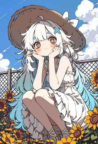 A young elf girl with long gradient blue and white hair, wearing a frilled white sundress and large straw hat, sitting among sunflowers under a blue sky with fluffy clouds.