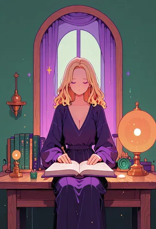 A blonde woman in a purple dress sits at a wooden desk reading an open book in a warmly lit study room with an arched window and classic decor.