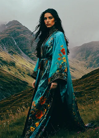 A young woman with long dark hair wearing a flowing floral robe stands in a misty Scottish Highlands mountain landscape.