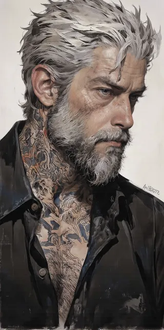 Highly detailed realistic portrait of a bearded man with grey hair and intricate tattoos on his neck and chest, wearing an open black shirt with a serious expression.