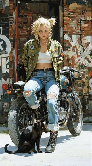 A young woman with blonde hair in a messy bun, wearing a green bomber jacket and ripped jeans, sitting on a motorcycle next to two black cats, in front of a graffiti-covered brick wall.