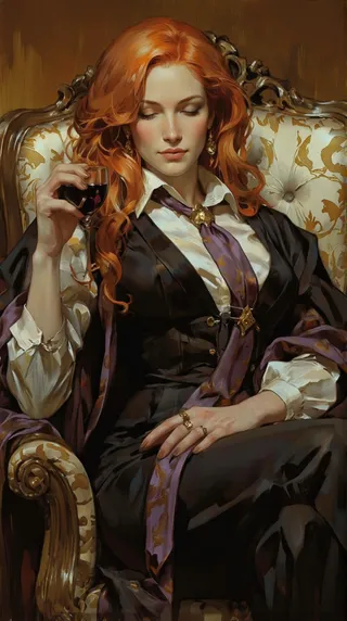 Digital illustration of a woman with flowing red hair seated in an ornate luxurious chair, wearing a sophisticated black and white outfit and holding a glass of red wine.