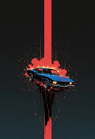 A powerful blue muscle car displayed in flat design with neon red streaks and a dark, inverted background.