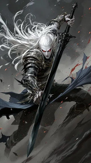 Digital fantasy illustration of Elric of Melniboné with long white hair, red glowing eyes, dark ornamental armor, wielding the black sword Stormbringer in mid-combat with swirling dust effects.