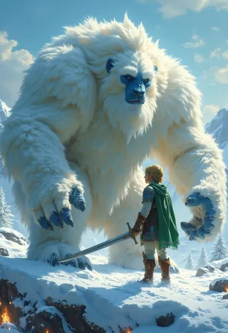 A massive yeti with white fur and blue face stands on a snowy hill, facing Link, the legendary hero wearing green tunic and holding a sword, under a clear blue sky.