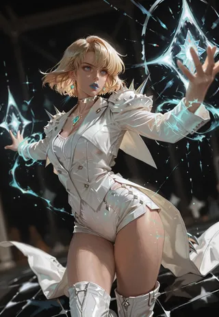 An athletic blonde female in a white spiked tailcoat and shorts performs magic with glowing diamond-shaped energy effects, with blue lips and earrings.
