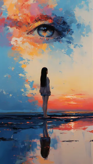 Oil painting of a young Korean-Japanese girl standing barefoot on a reflective surface at twilight, gazing upward towards a large, colorful abstract eye in the sky with vibrant hues of orange, blue, and purple.