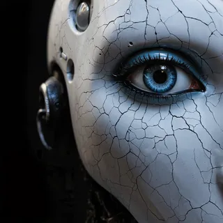 Close-up of a cybernetic mannequin face with cracked surface skin and a large blue eye, set against a dark cyberpunk-themed background.
