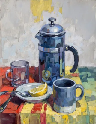 Realistic painting of a blue french press coffee maker centered on a colorful tablecloth with a slice of lemon on a white plate and two empty coffee cups nearby, set against a muted gray background with hints of yellow and green.
