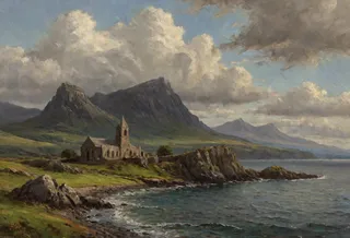 Realistic Irish oil painting depicting a panoramic view of Sligo Bay with an ancient church ruin in the foreground, rugged mountains, cumulus nimbus clouds, ocean, and rocky coastline.