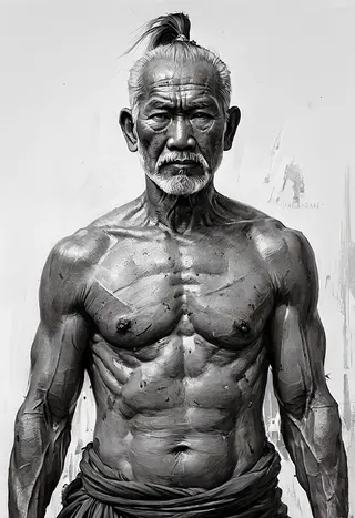 Black and white hyper detailed portrait of an ancient Thai warrior, an old muscular man with intense expression and topknot hairstyle, wrapped cloth around waist, standing front view on neutral white background.