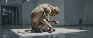 A frail rhesus monkey hunched under cold fluorescent light in a sterile research lab, painted in monochrome tones of steel blue, fog gray, and charcoal, with graphite lines resembling CRT scanlines adding tension.