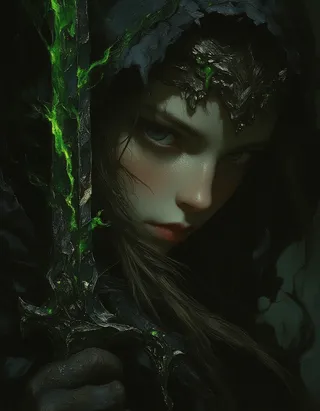 Close-up portrait of a dark female rogue with pale skin and blue eyes, holding a scratched obsidian assassin dagger coated with glowing green poison, illuminated by warm Rembrandt lighting.