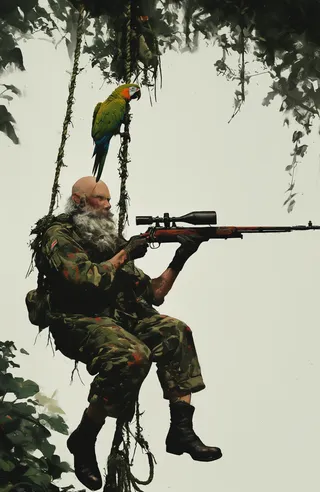 An old bald man with a long gray beard wearing 1960 Russian militaria camouflage is suspended in jungle vines aiming a Mosin Nagant sniper rifle, with a colorful parrot perched on his head.