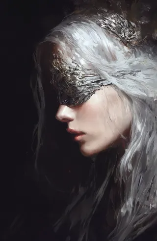 Close-up digital painting of a blindfolded woman with long flowing silver hair and an ornate metallic headpiece, illuminated softly against a dark background.