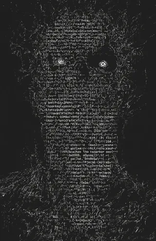 Dark portrait created with white ASCII text characters on a black background, featuring glowing eyes and a horror-like eerie expression.