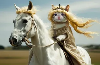 A sad crying cat with a cheap blond hair wig rides a white horse on a windy day, appearing reluctant to be a fairytale prince.