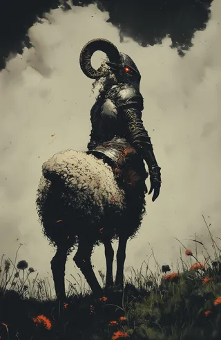 A cinematic concept art of an armored sheep standing in a meadow with fluffy wool armor, glowing red eyes, strong contrasts, and deep shadows.